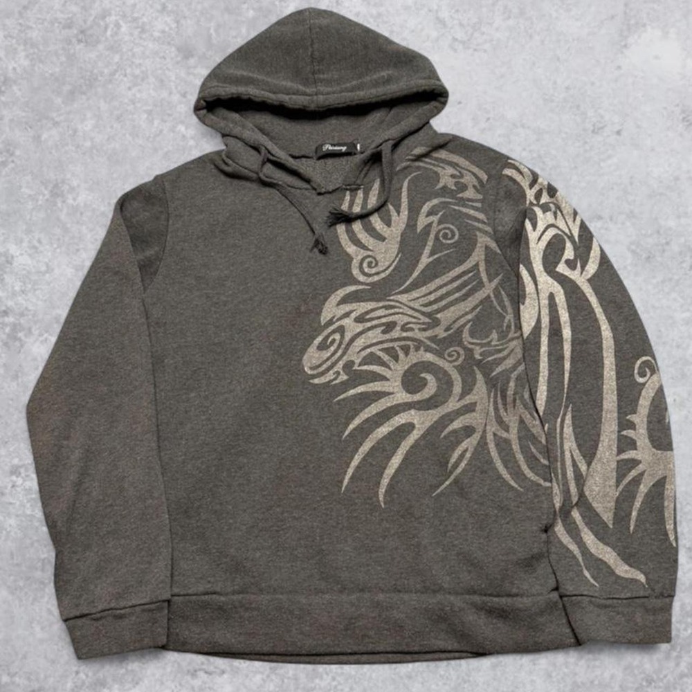 Peixiang Y2K Skater Grunge Tribal Graphic Hoodie Grey Brown Lightweight L